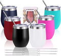 6 Pack Mix Color 12 Oz Stainless Steel Stemless Wine Glass Tumbler Double Wall Vacuum Insulated Bulk Wine Tumbler with Lids and Straw Set of 6 Assorted Color,Gift Pack for Coffee, Wine