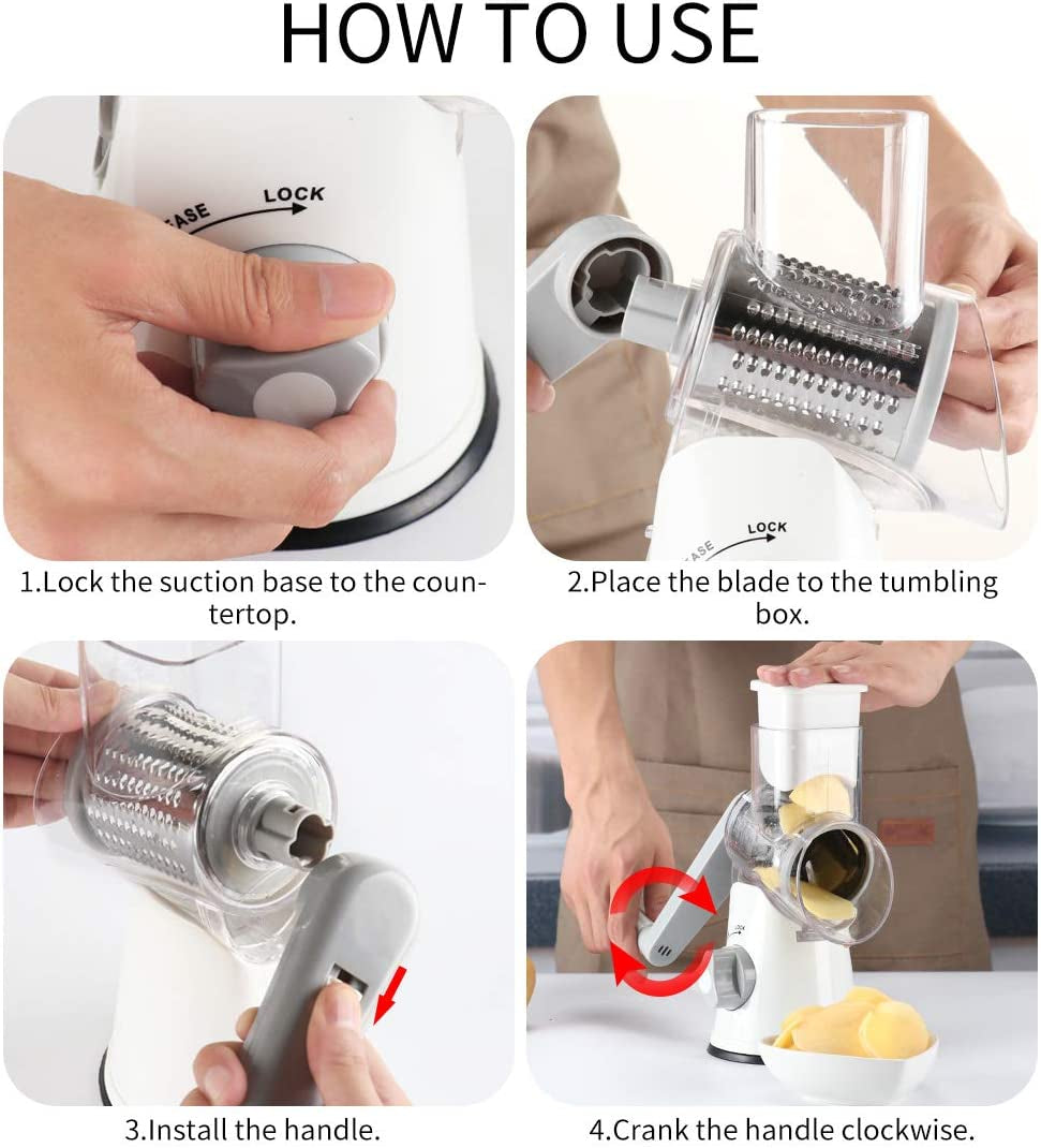 Rotary Cheese Grater Hand Crank Cheese Shredder for Fresh Cheese, Vegetable, Nuts,Non-Slip Suction Base,Three Blades,White