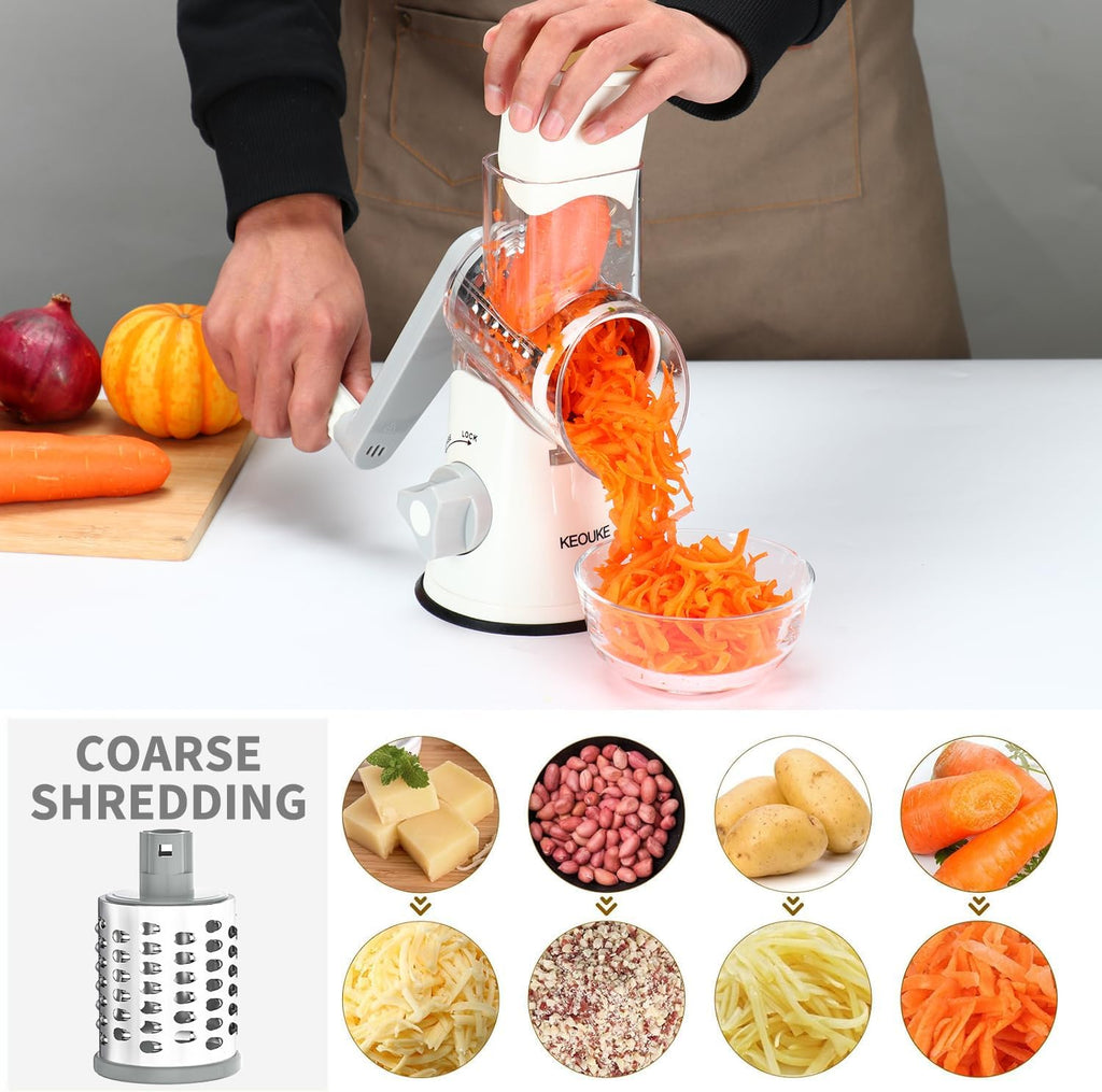 Rotary Cheese Grater Hand Crank Cheese Shredder for Fresh Cheese, Vegetable, Nuts,Non-Slip Suction Base,Three Blades,White