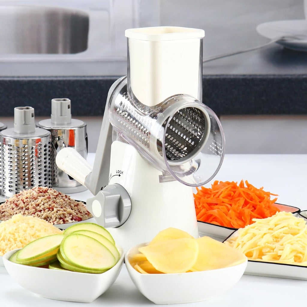 Rotary Cheese Grater Hand Crank Cheese Shredder for Fresh Cheese, Vegetable, Nuts,Non-Slip Suction Base,Three Blades,White