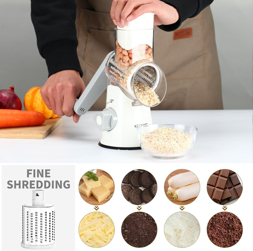 Rotary Cheese Grater Hand Crank Cheese Shredder for Fresh Cheese, Vegetable, Nuts,Non-Slip Suction Base,Three Blades,White