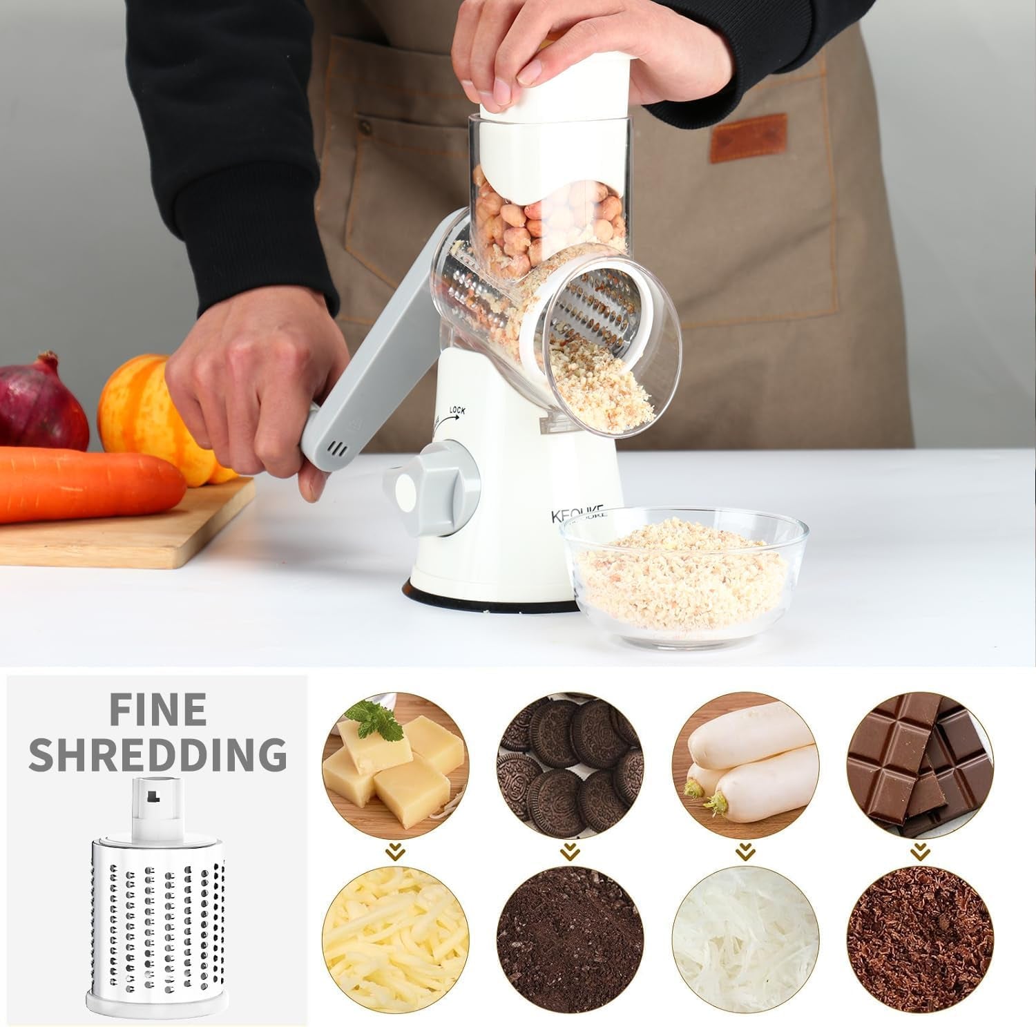 Rotary Cheese Grater Hand Crank Cheese Shredder for Fresh Cheese, Vegetable, Nuts,Non-Slip Suction Base,Three Blades,White