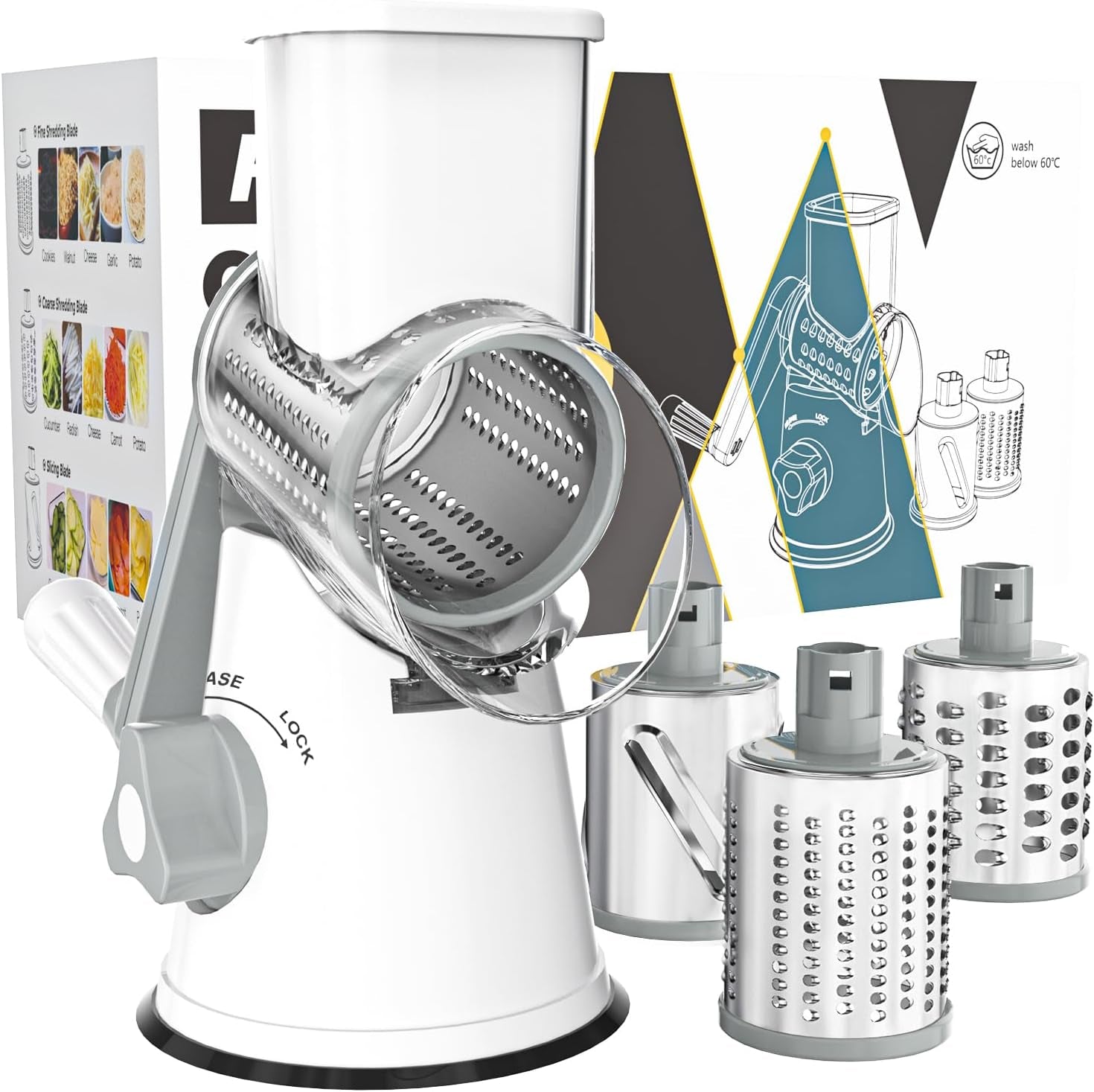 Rotary Cheese Grater Hand Crank Cheese Shredder for Fresh Cheese, Vegetable, Nuts,Non-Slip Suction Base,Three Blades,White