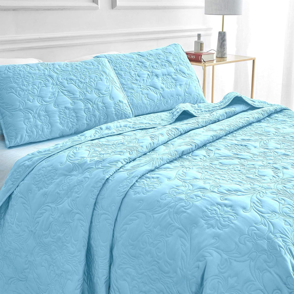 Sophia and William 3 Pieces Quilt Set Queen/Full Size with 1 Quilt and 2 Pillow Shams, Reversible Microfiber Bedding Bedspread Coverlet Set, Cozy, Lightweight and Hypoallergenic, Light Blue