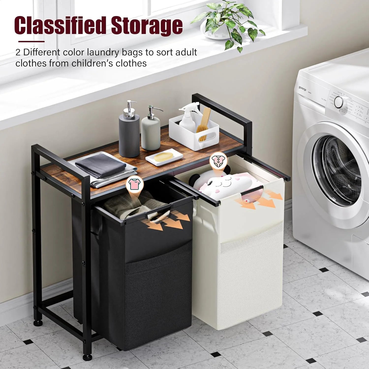 Laundry Hamper, 112L Large Double Laundry Basket, Freestanding Laundry Sorter Organizer 2 Section with Top Shelf & 2 Removable Washable Bags & Side Pockets for Dorm