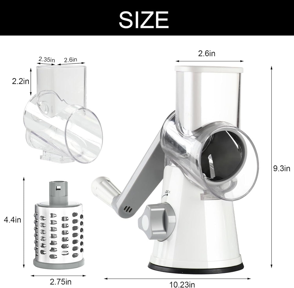 Rotary Cheese Grater Hand Crank Cheese Shredder for Fresh Cheese, Vegetable, Nuts,Non-Slip Suction Base,Three Blades,White
