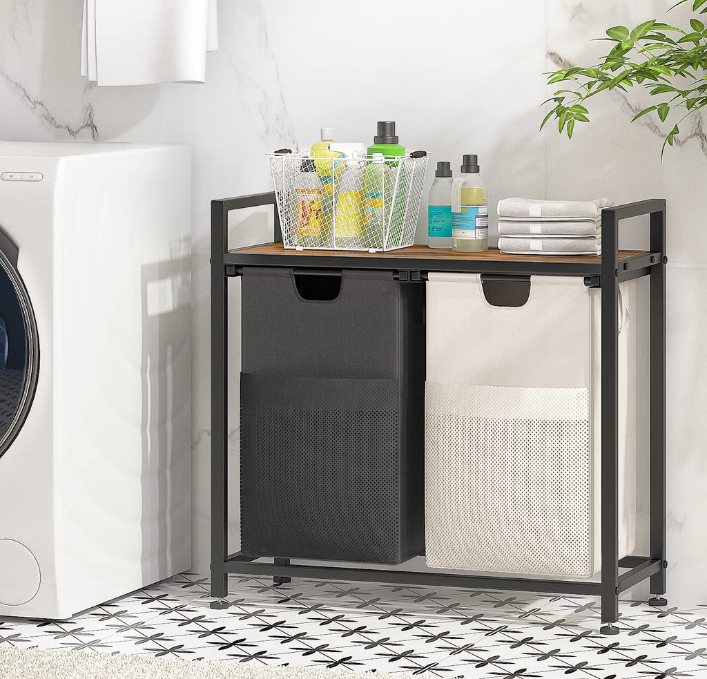Laundry Hamper, 112L Large Double Laundry Basket, Freestanding Laundry Sorter Organizer 2 Section with Top Shelf & 2 Removable Washable Bags & Side Pockets for Dorm